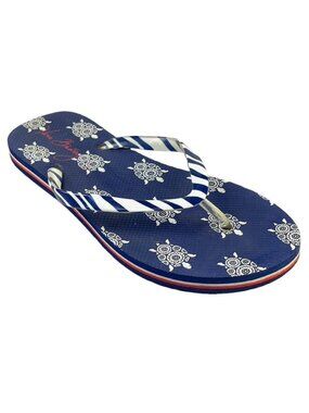 Vera Bradley Blue Turtle Print Flip Flops Womens Size 7-8 Striped Straps Casual